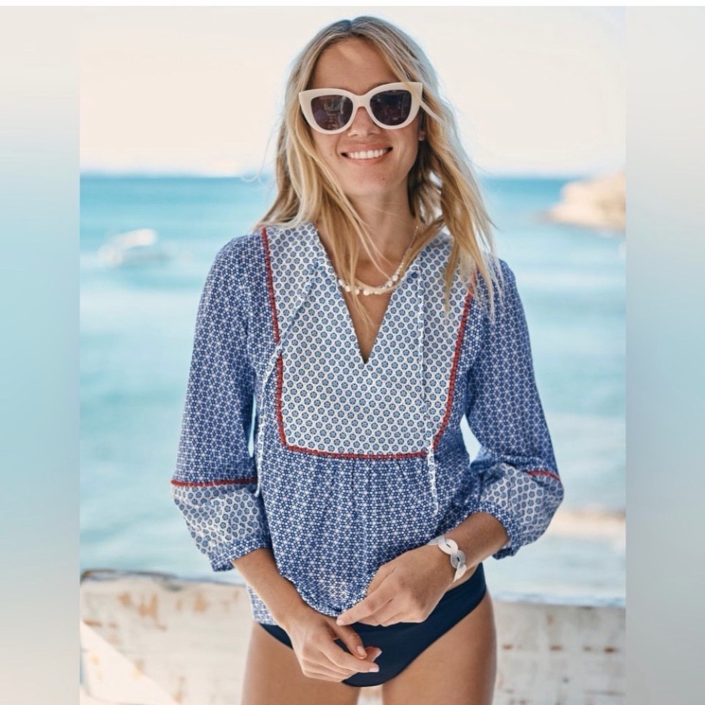 Women's Boden Blue Patterned Top, with a sailor collar and a comfortable fit.